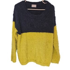K.‎ Jordan Fuzzy Colorblock Sweater Women's Large Navy Blue Lime Green Cozy Core